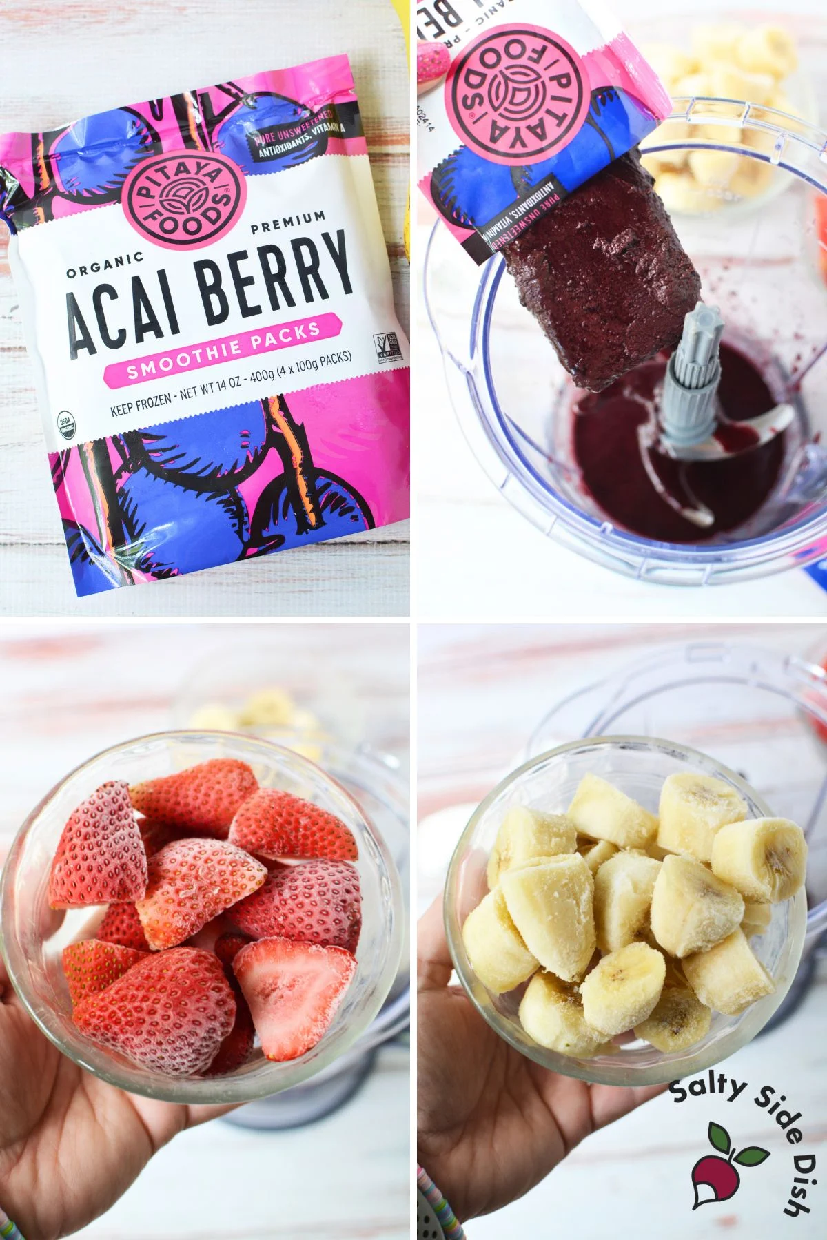 adding frozen fruit and acai frozen packets to a blender.