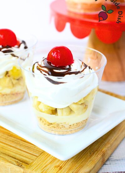 banana split cups on a serving tray.