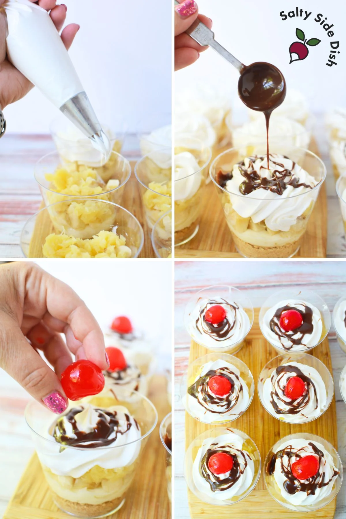 banana split layered dessert idea with cherries and fudge.
