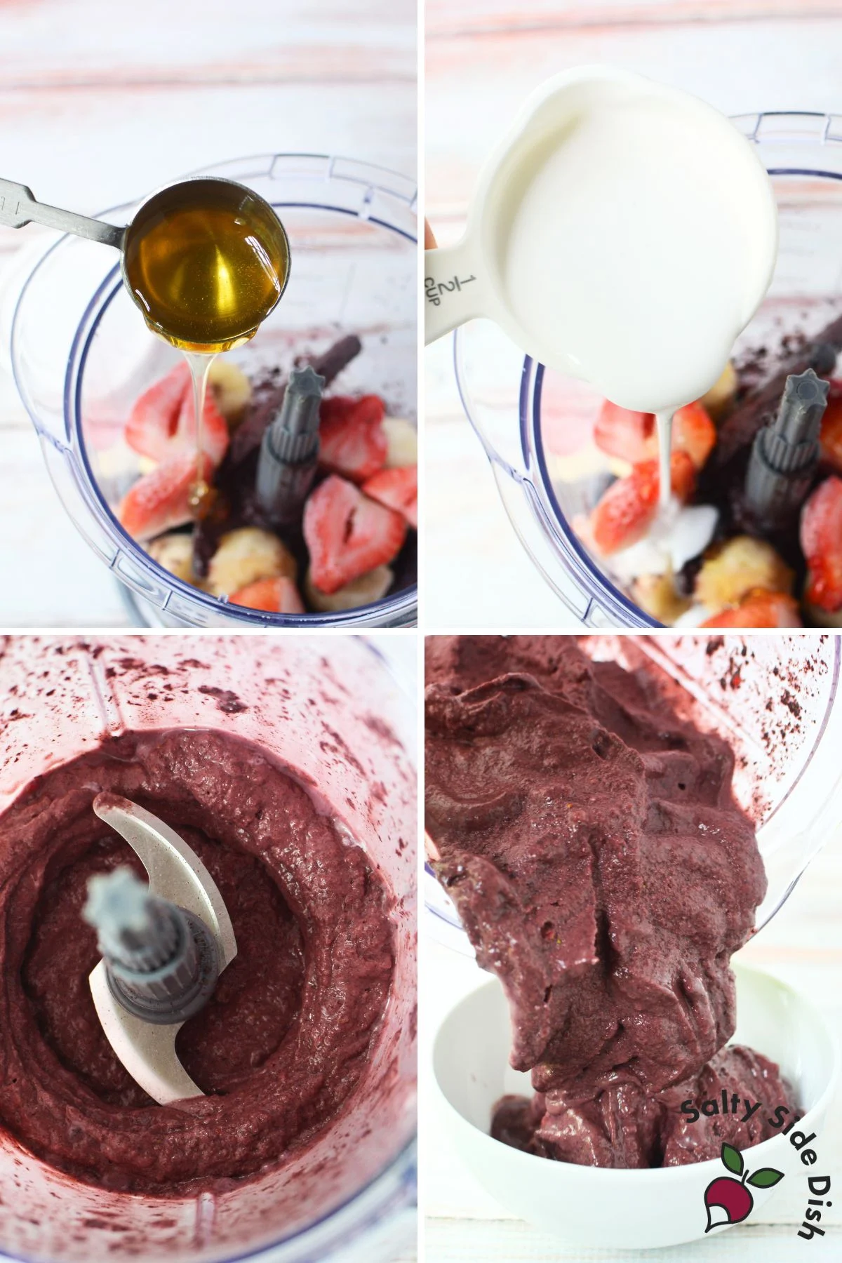 add honey and milk to blender to smooth out acai.
