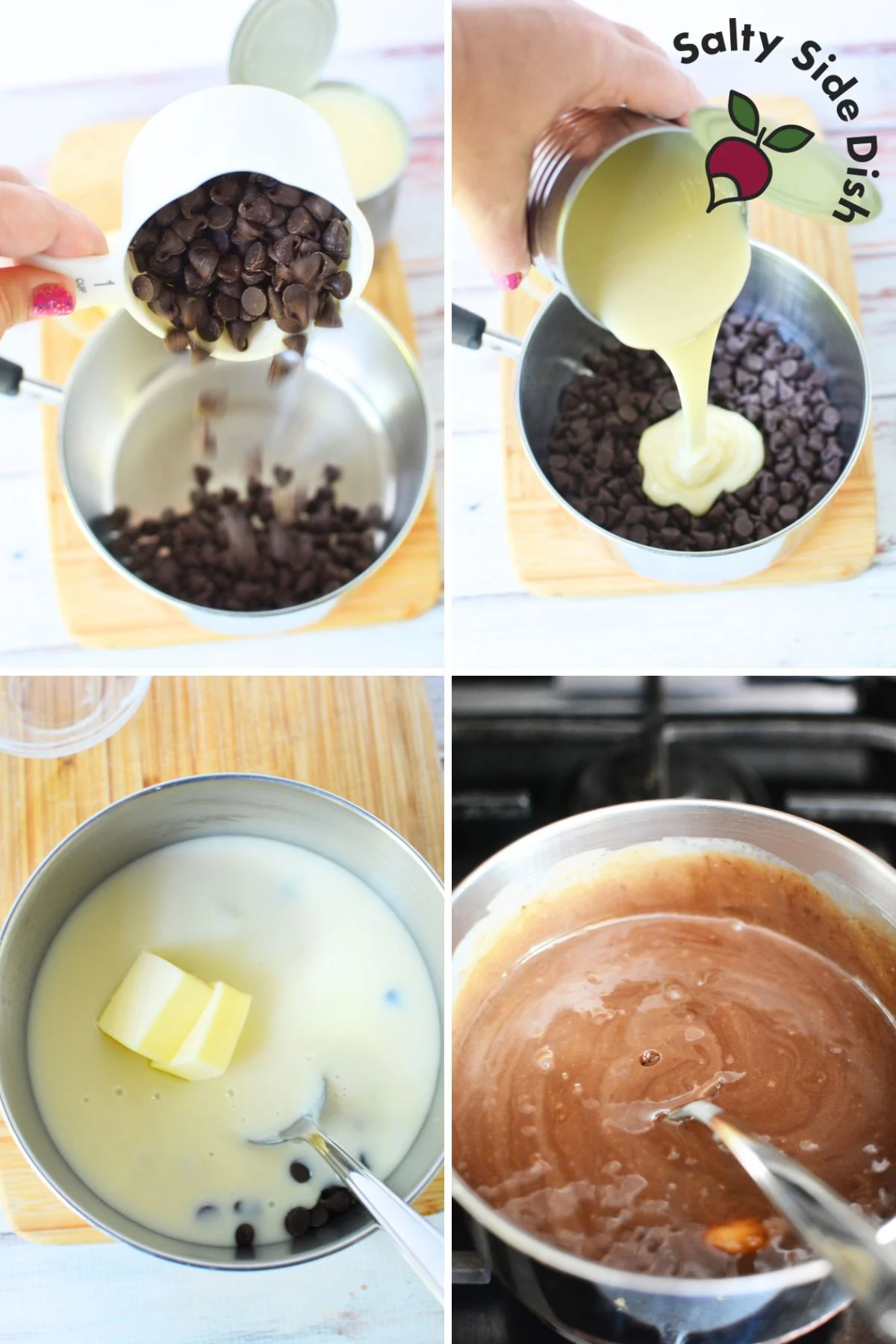 dumping chocolate chips and other ingredients into saucepan.