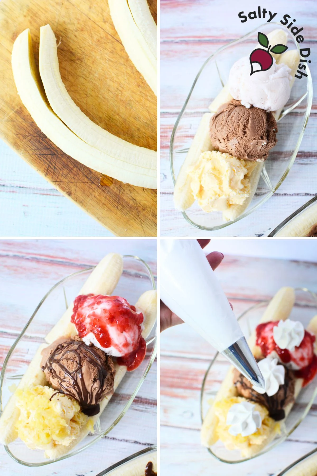 step by step how to make a banana split with homemade toppings.