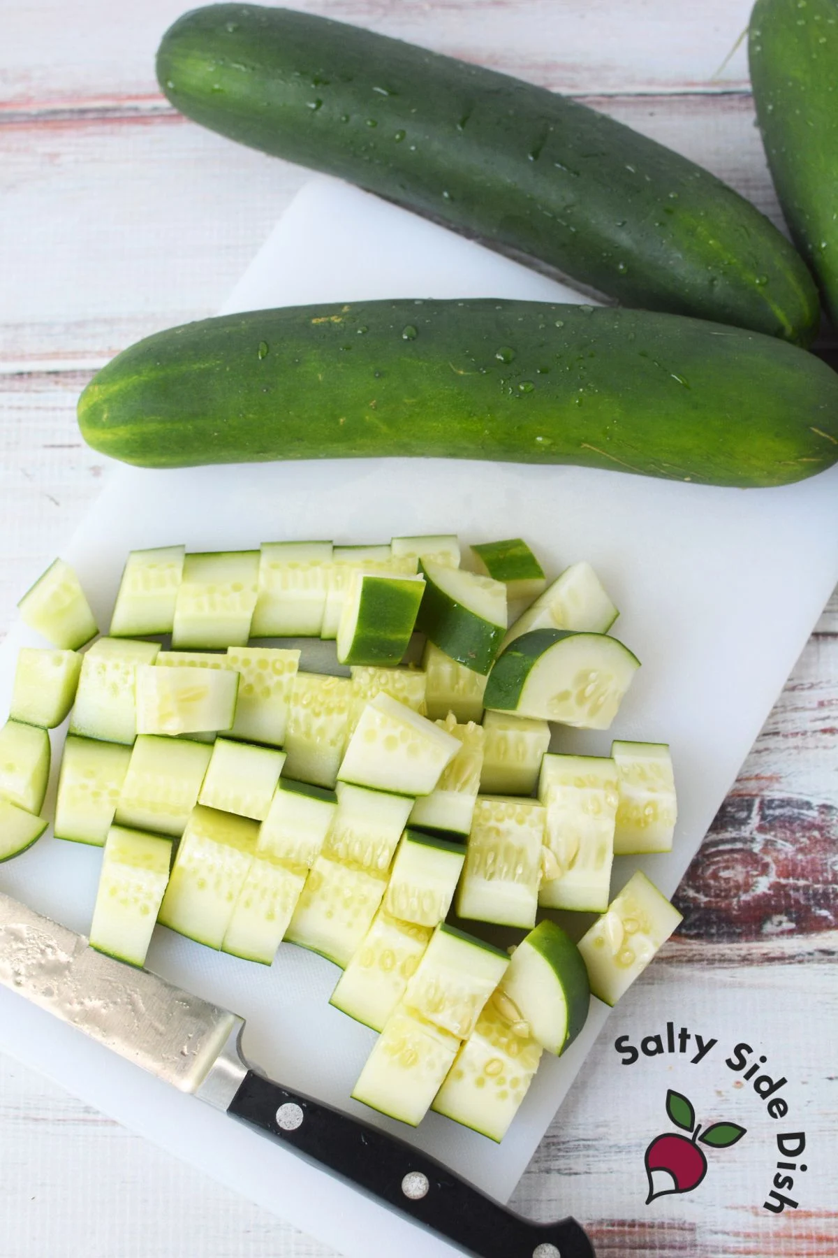 Chopped cucumbers ready to be blended for making cucumber juice.