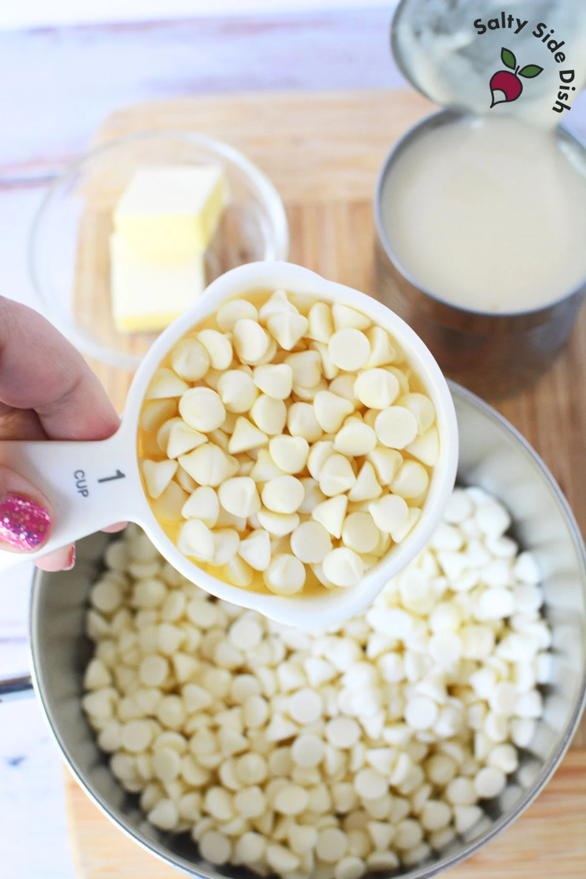 3 easy ingredients for white chocolate fudge.