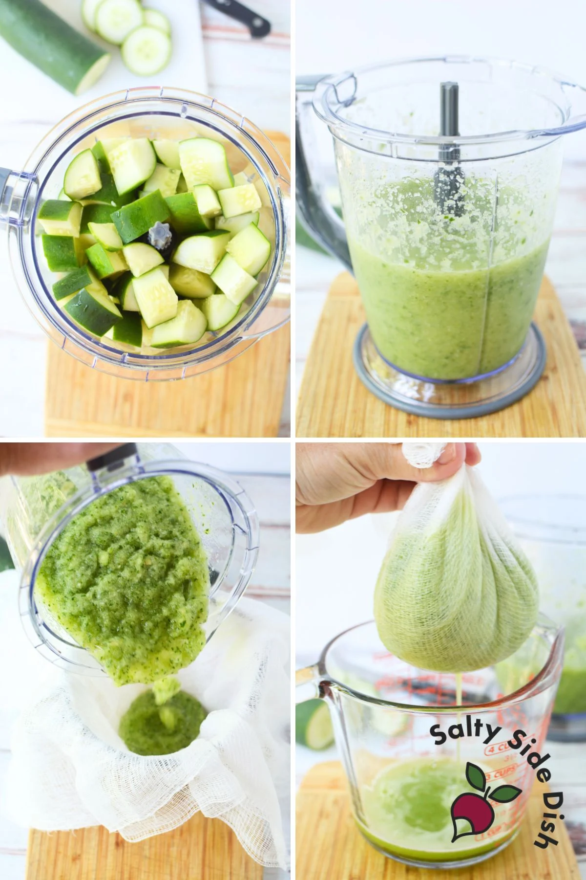 Blending cucumber pieces into a smooth pulp for juice extraction.