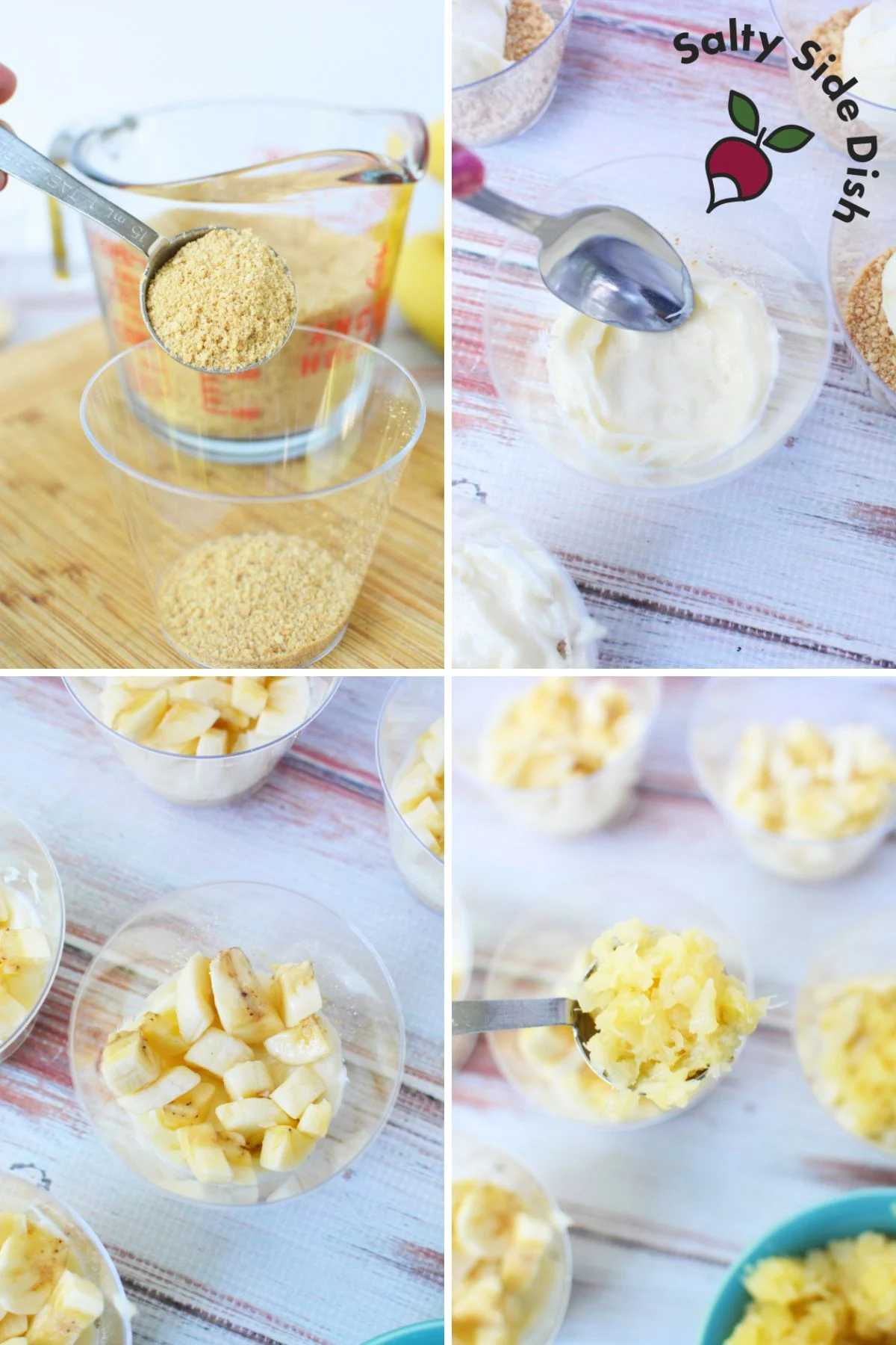 banana split layers being added into a plastic cup.