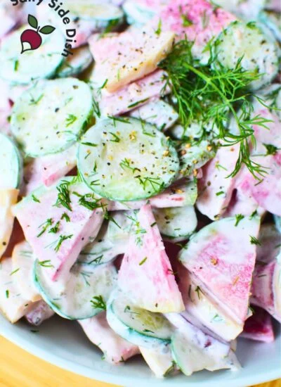watermelon radish salad with creamy cucumber dressing.