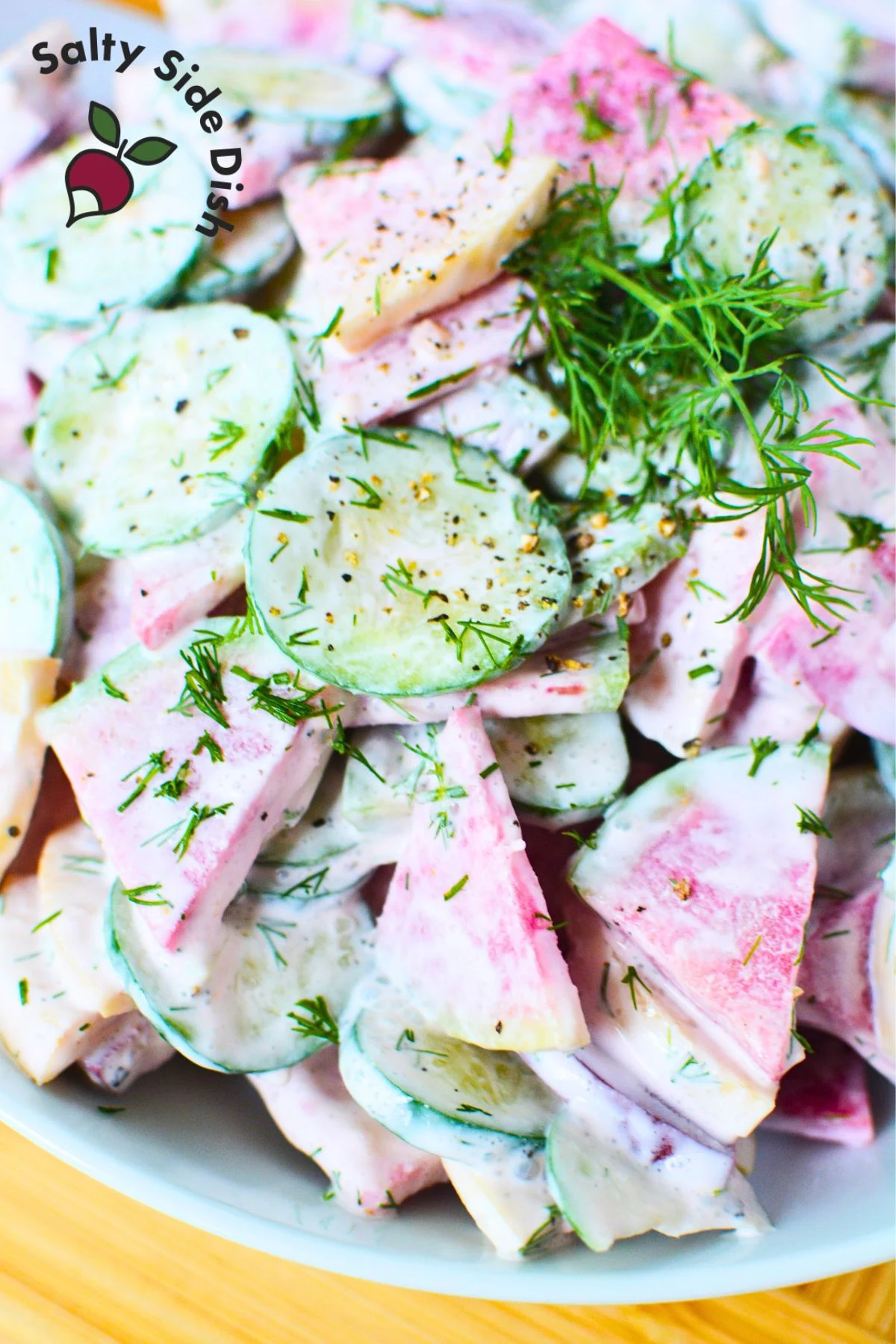 watermelon radish salad with creamy cucumber dressing.