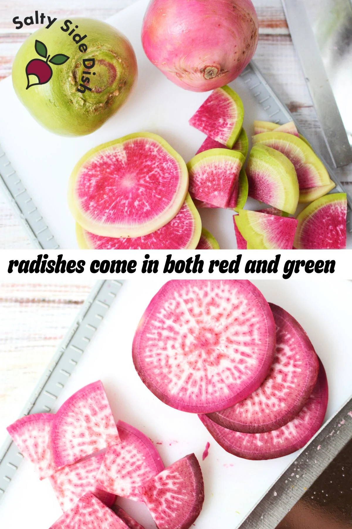 watermelon radishes have red flesh and green flesh both.