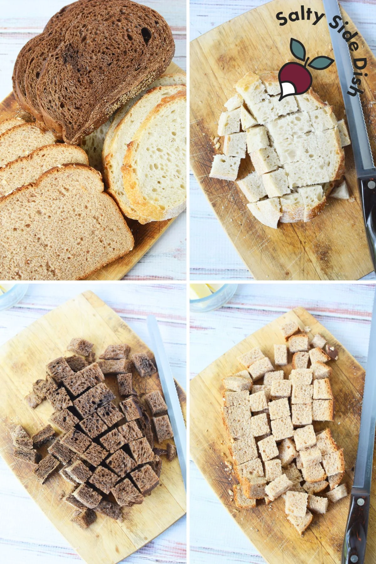 Different types of bread cut into small crouton sized pieces and ready to air fry>