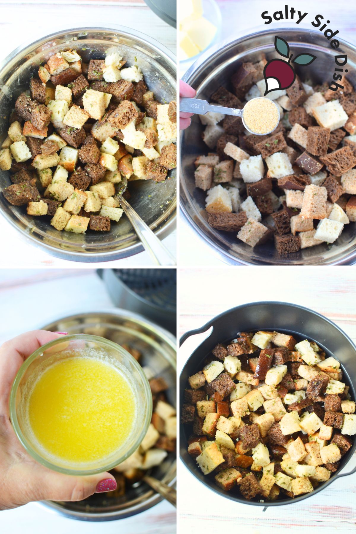collage on how to make salad ready croutons in under 15 minutes.