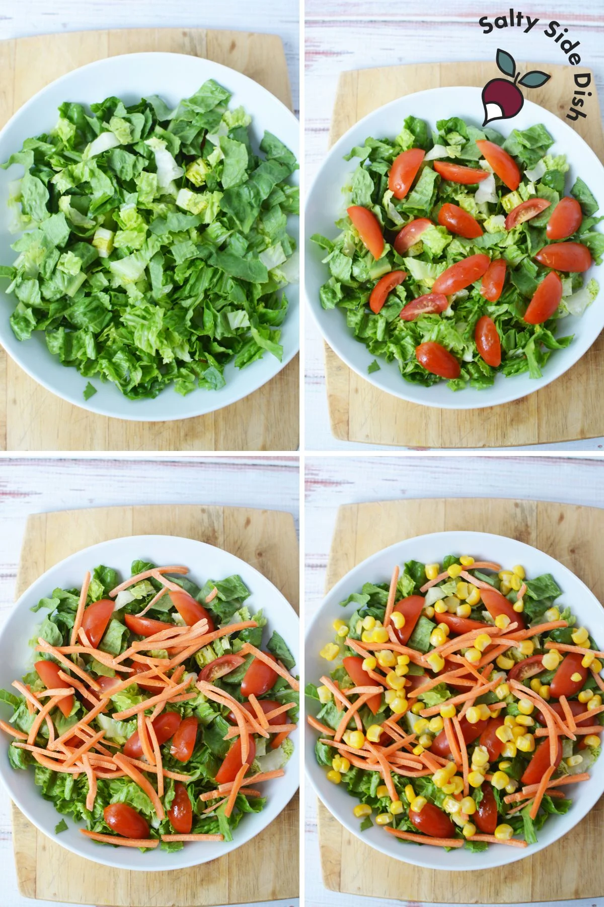 chopping up lettuce, tomatoes, carrots, and corn in a bowl.