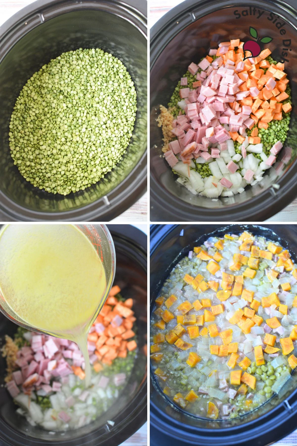 step by step on how to make split pea soup four images.