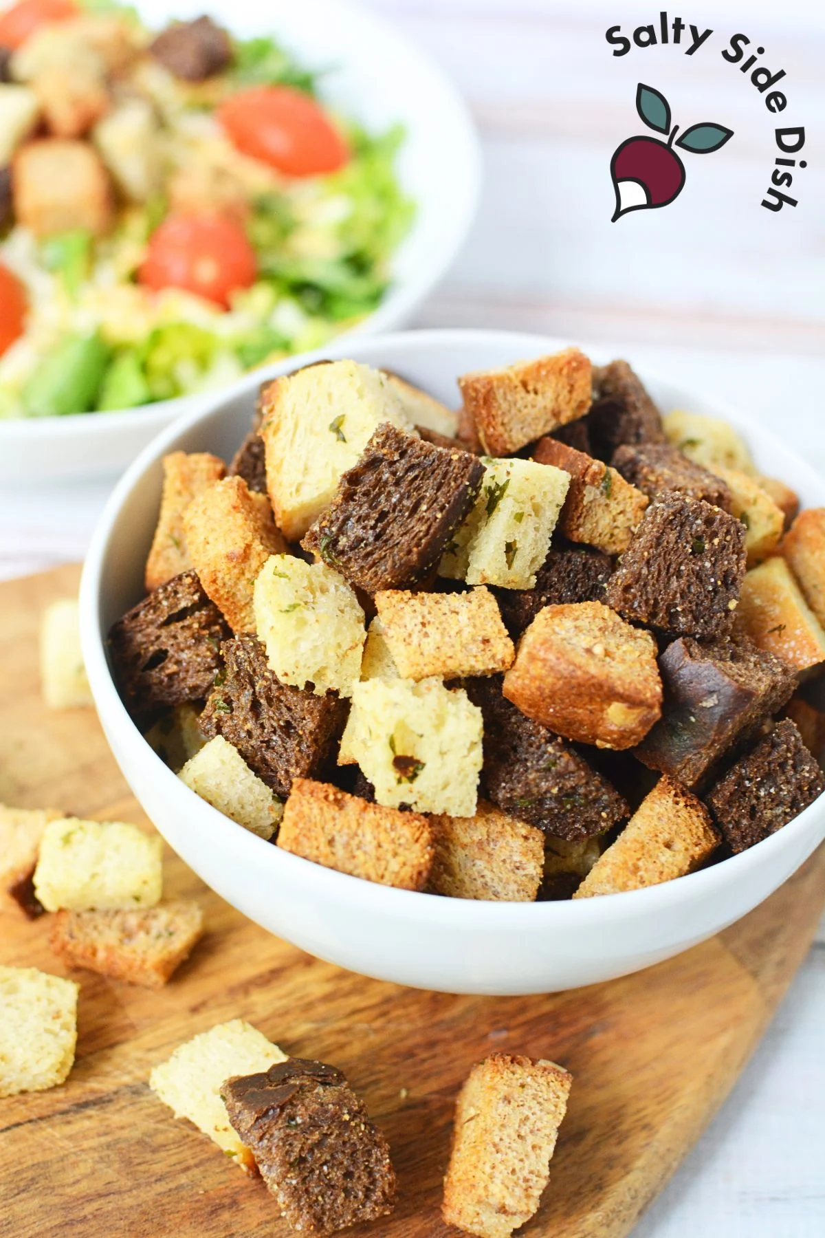 croutons in a white bowl fresh out of the Ninja Foodi.