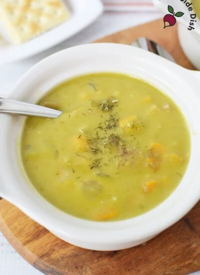 bowl of split pea soup.