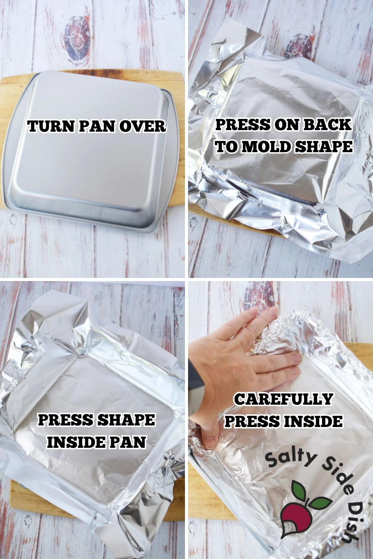 step by step on how to shape foil for inside of baking pan.