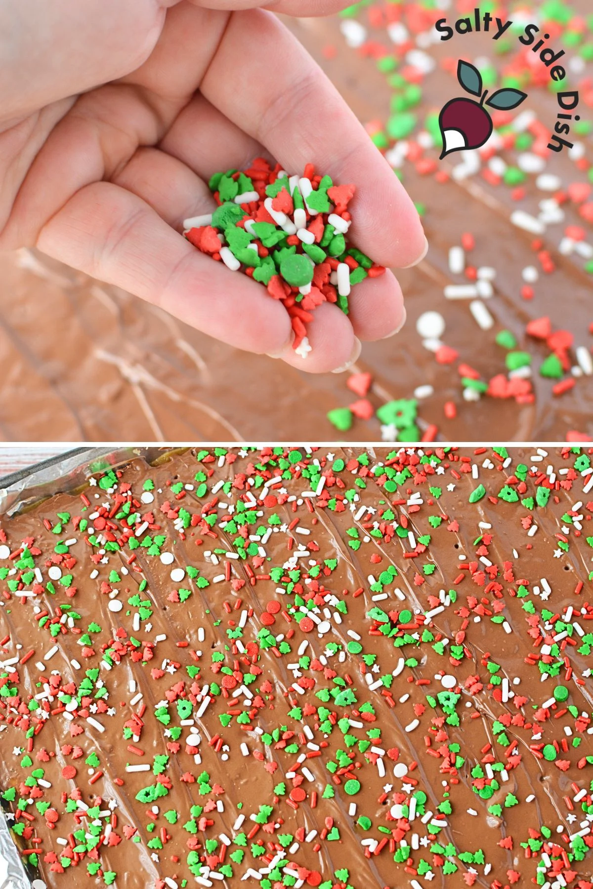 Festive Christmas sprinkles being added to the melted chocolate layer of Saltine Christmas Crack.