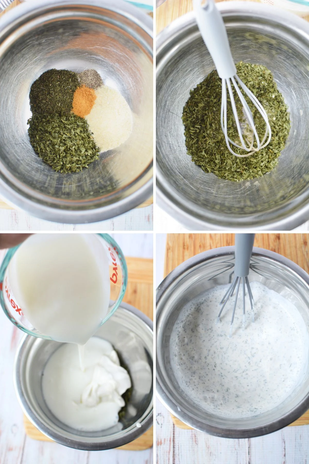 creamy dill dressing being mixed in a bowl.