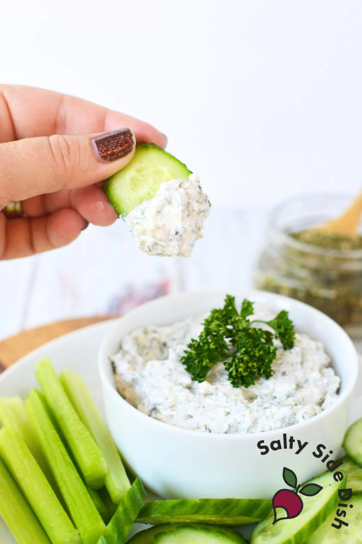 dip sliced veggies into dip.