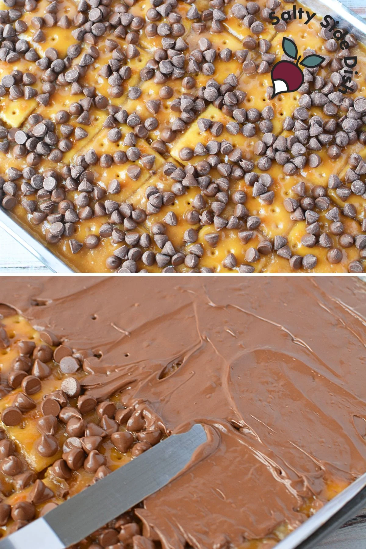 Freshly baked Christmas Crack with melted chocolate being spread evenly over the toffee layer.