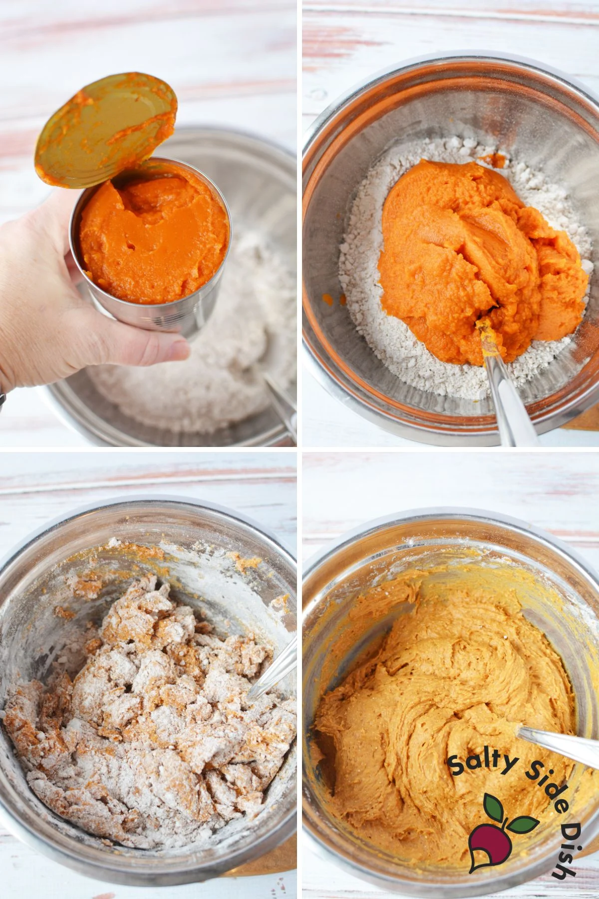 pumpkin spice batter being mixed in a mixing bowl.