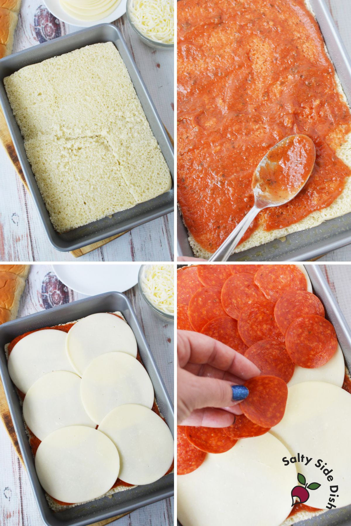 collage of four images showing assembling pizza sliders.