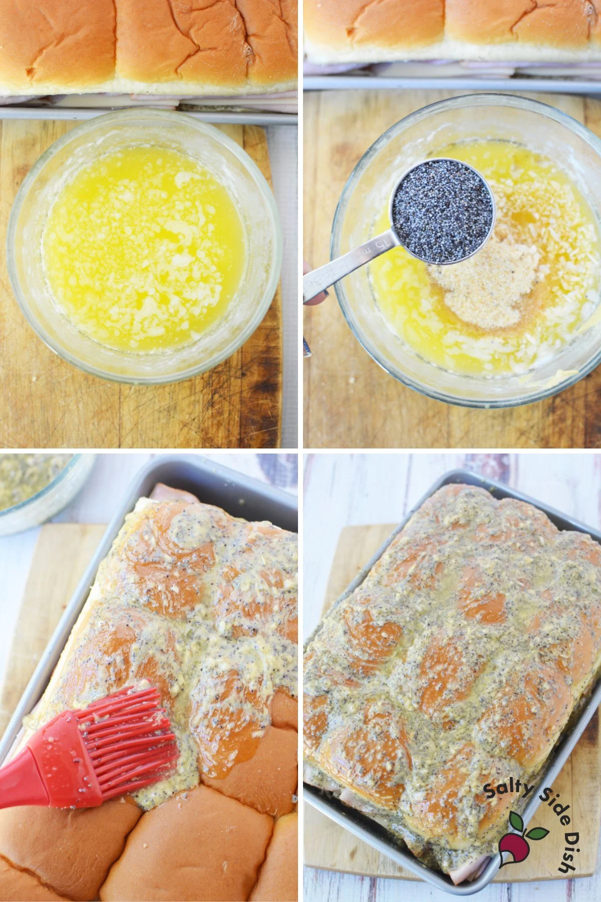 layering buttery seasoned topping for ham sliders.