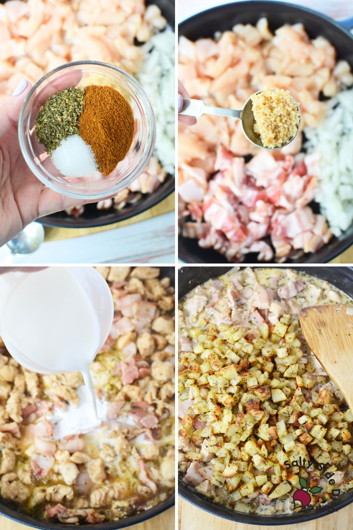 combining chicken, bacon, and potatoes in a cast iron pan.