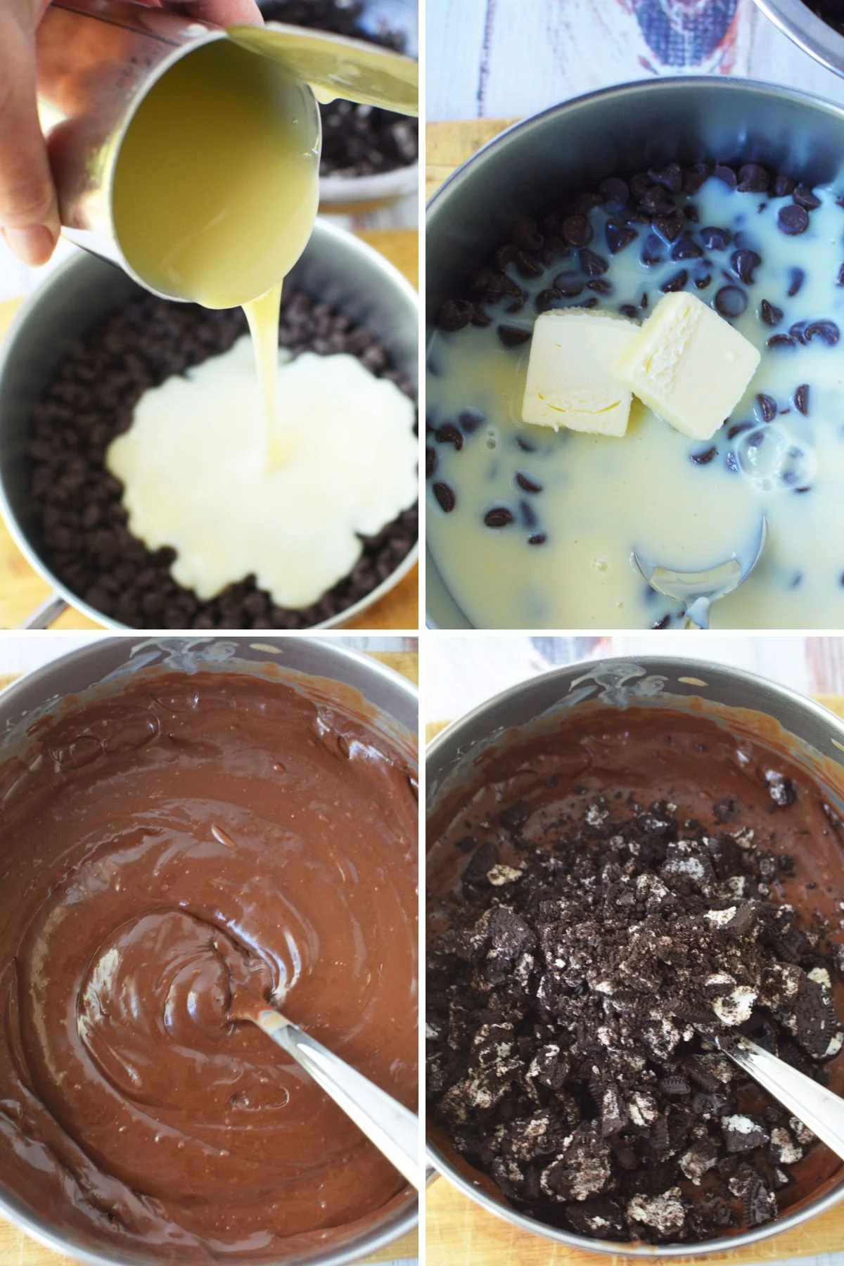 4 images on how to mix cookies into chocolate.