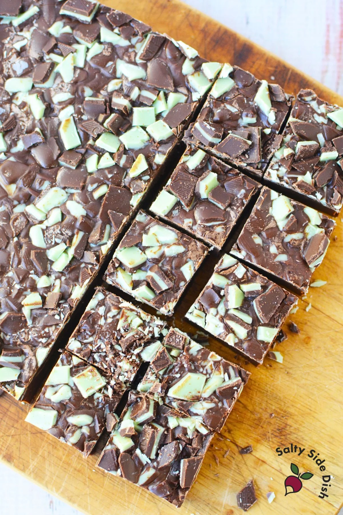 mint and chocolate fudge cut into squares.