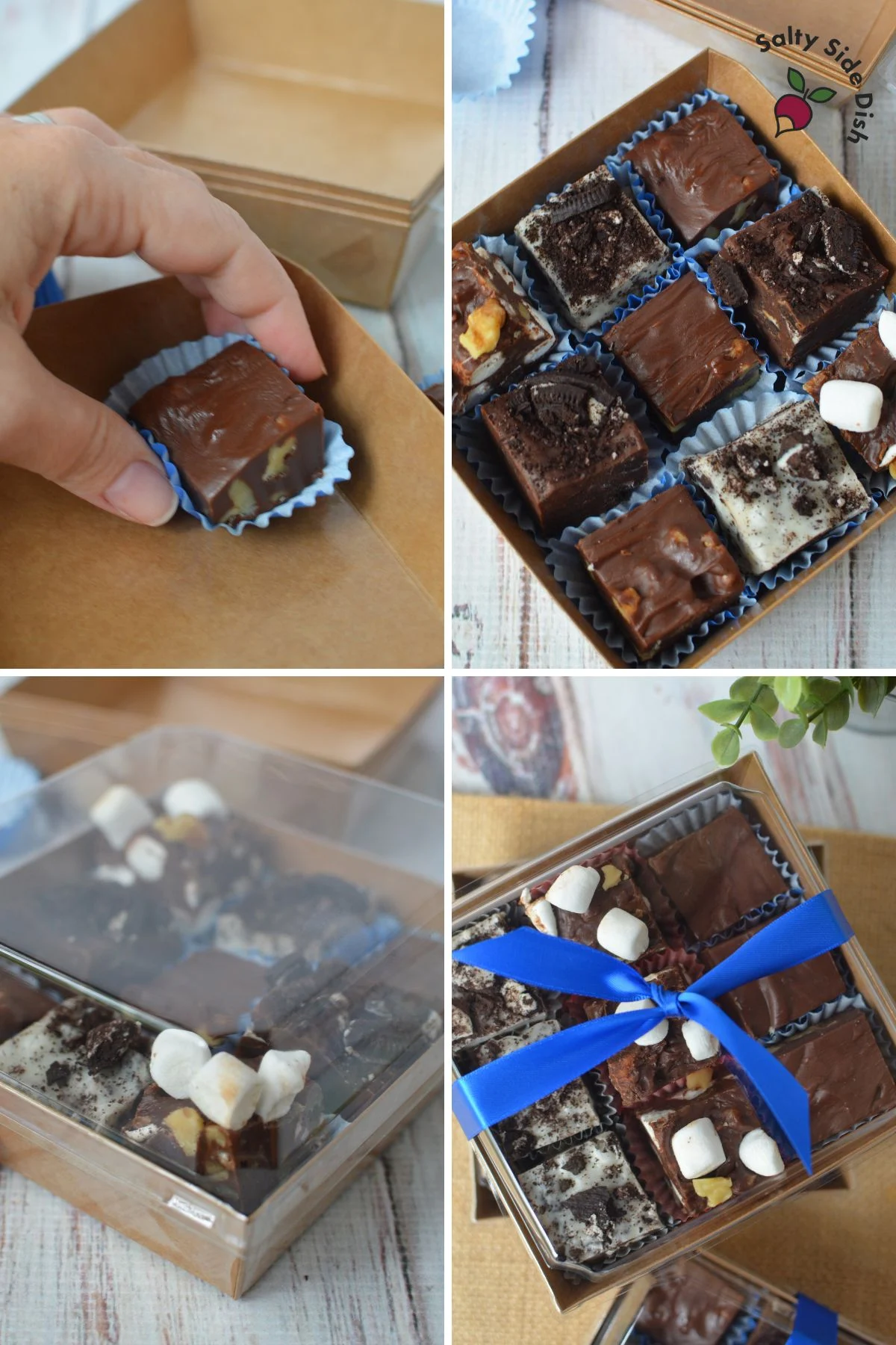 storing fudge in a clear lid box for corporate gifts.