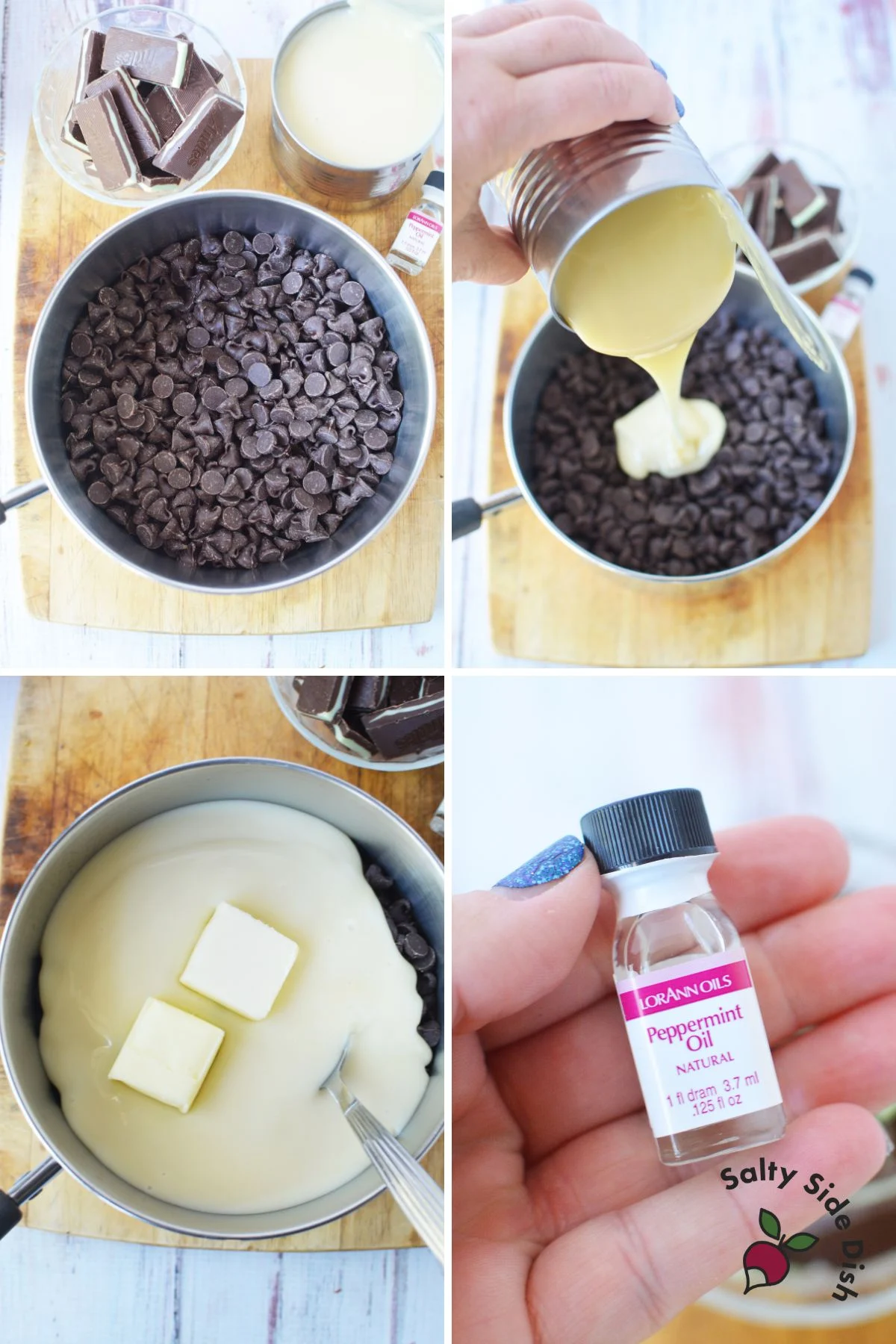 collage on ingredients for mint chocolate fudge making.