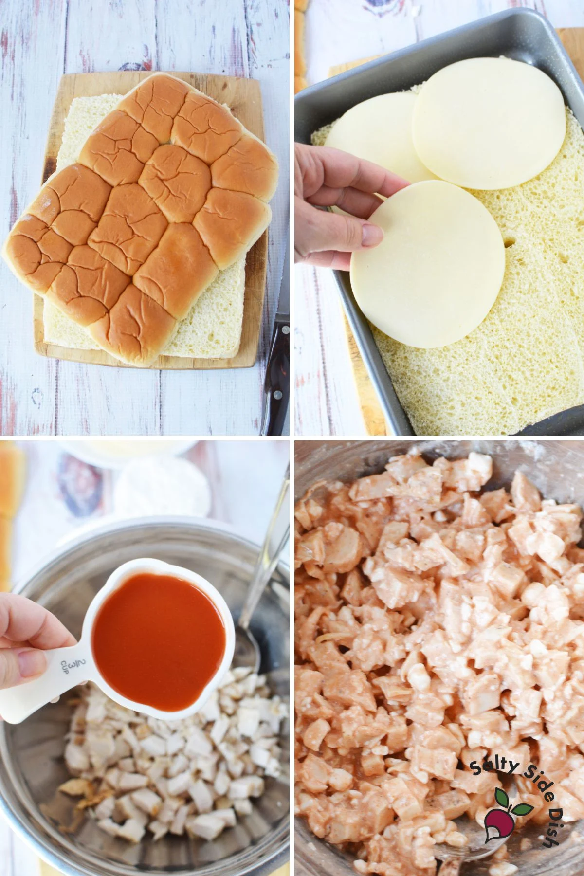 prepping buffalo chicken sliders with chicken.