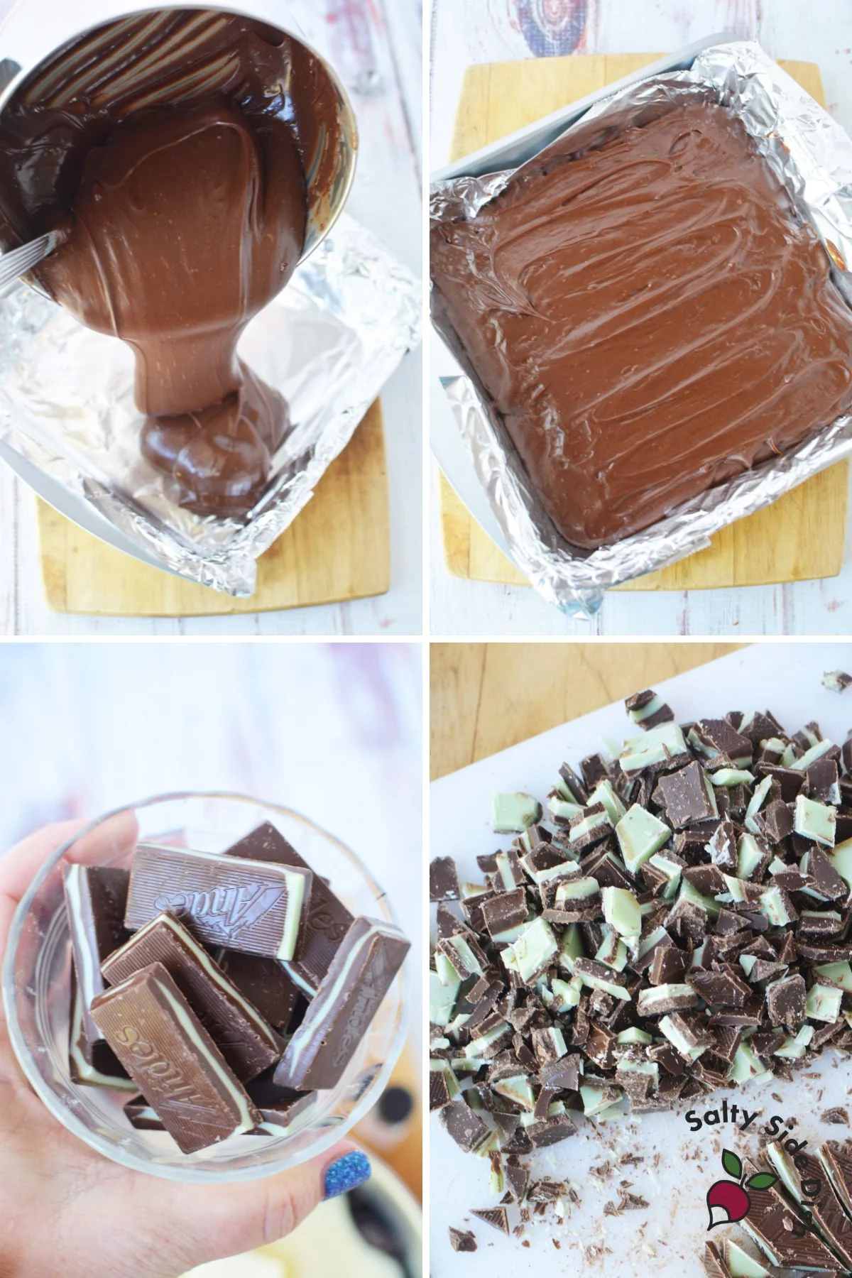 best mint fudge recipe being poured into a pan with candies.