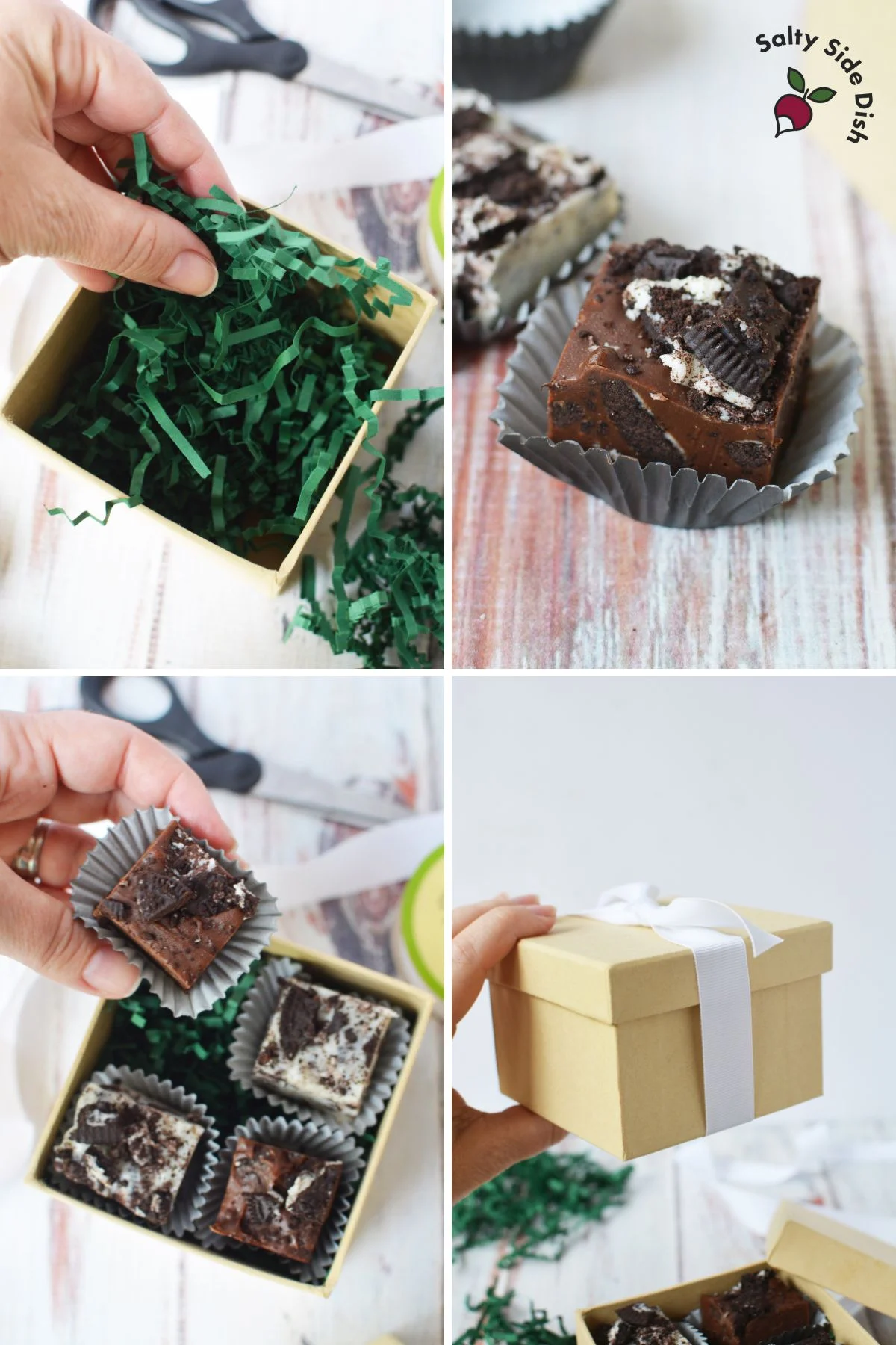 storing fudge in a brown box for holiday gift giving.