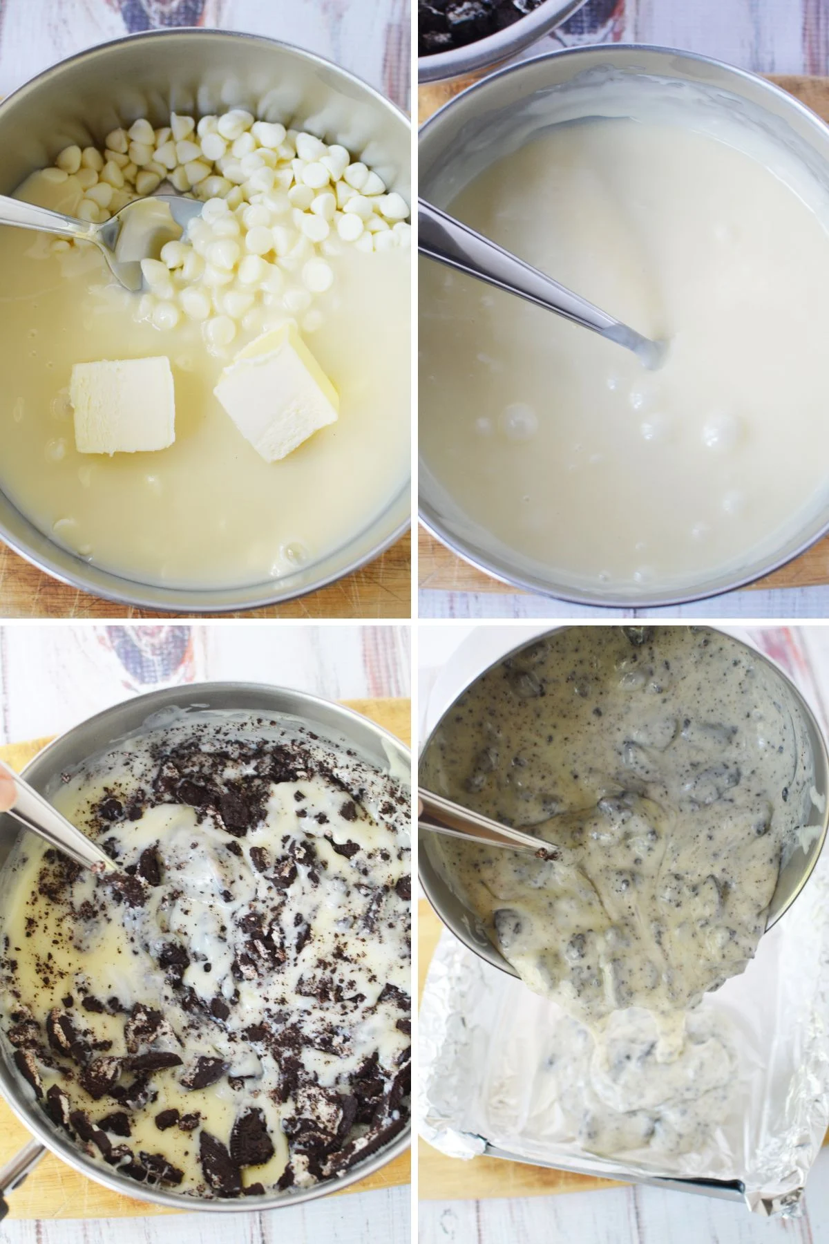 mixing in white chocolate with oreos.