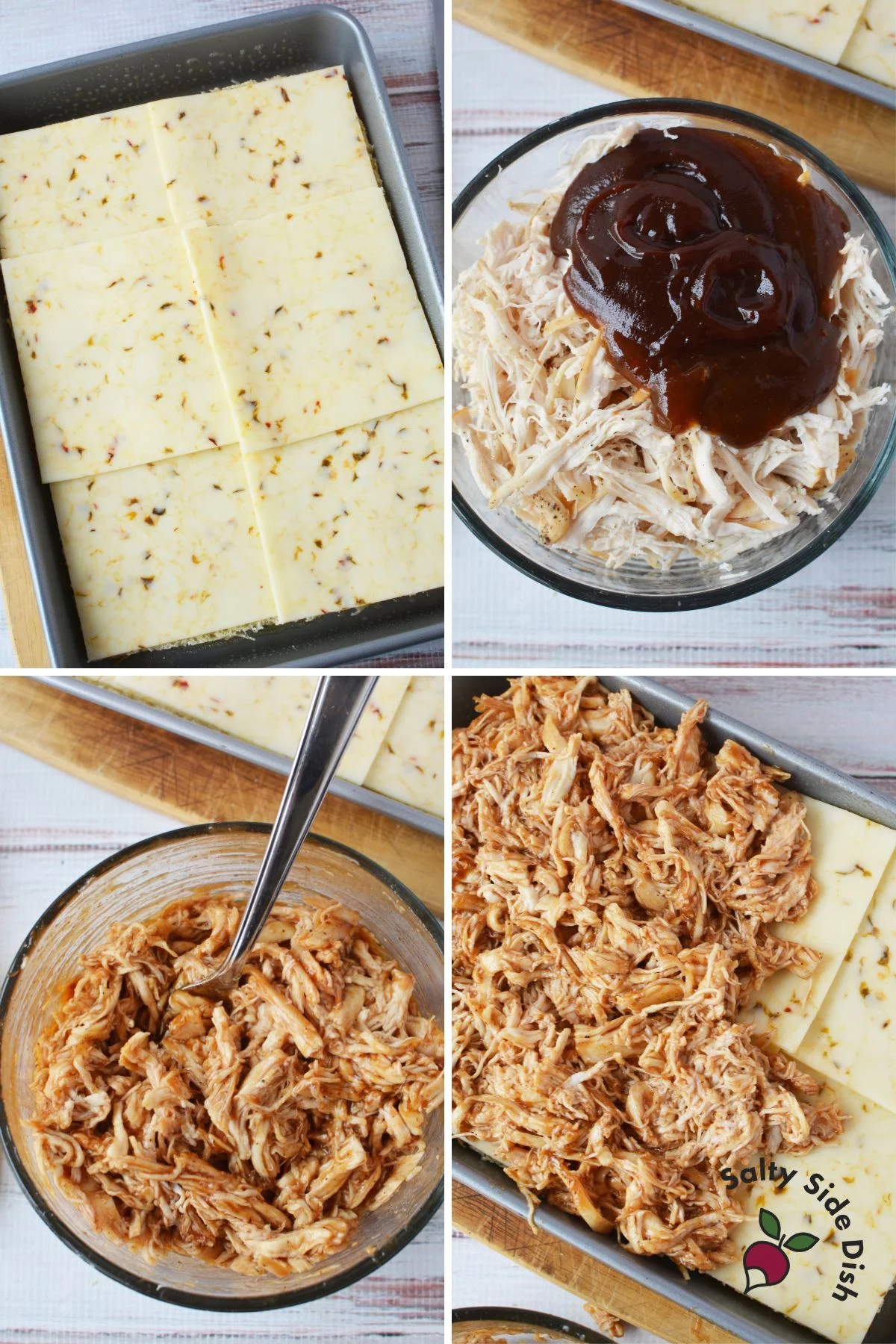 bbq chicken sliders with pepper jack cheese layered in a pan.