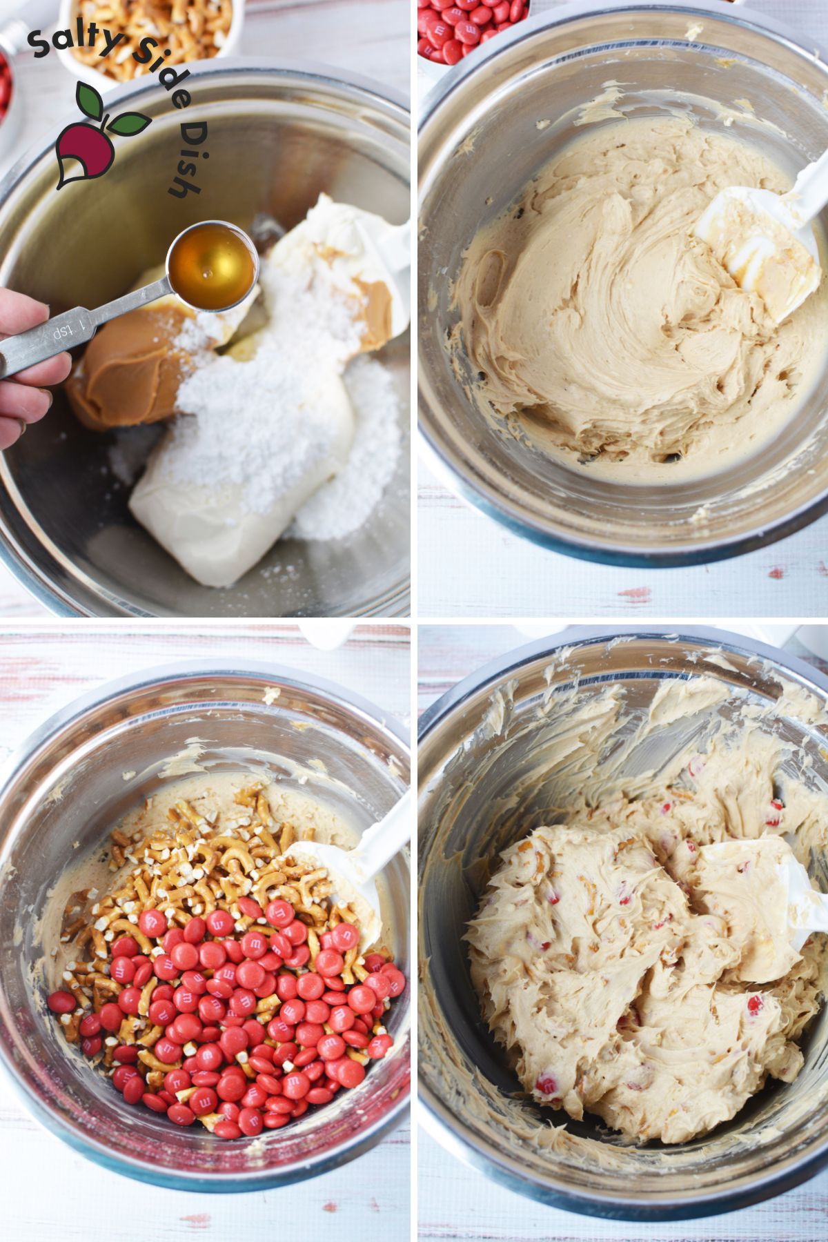 combining ingredients like peanut butter and cream cheese for dip.