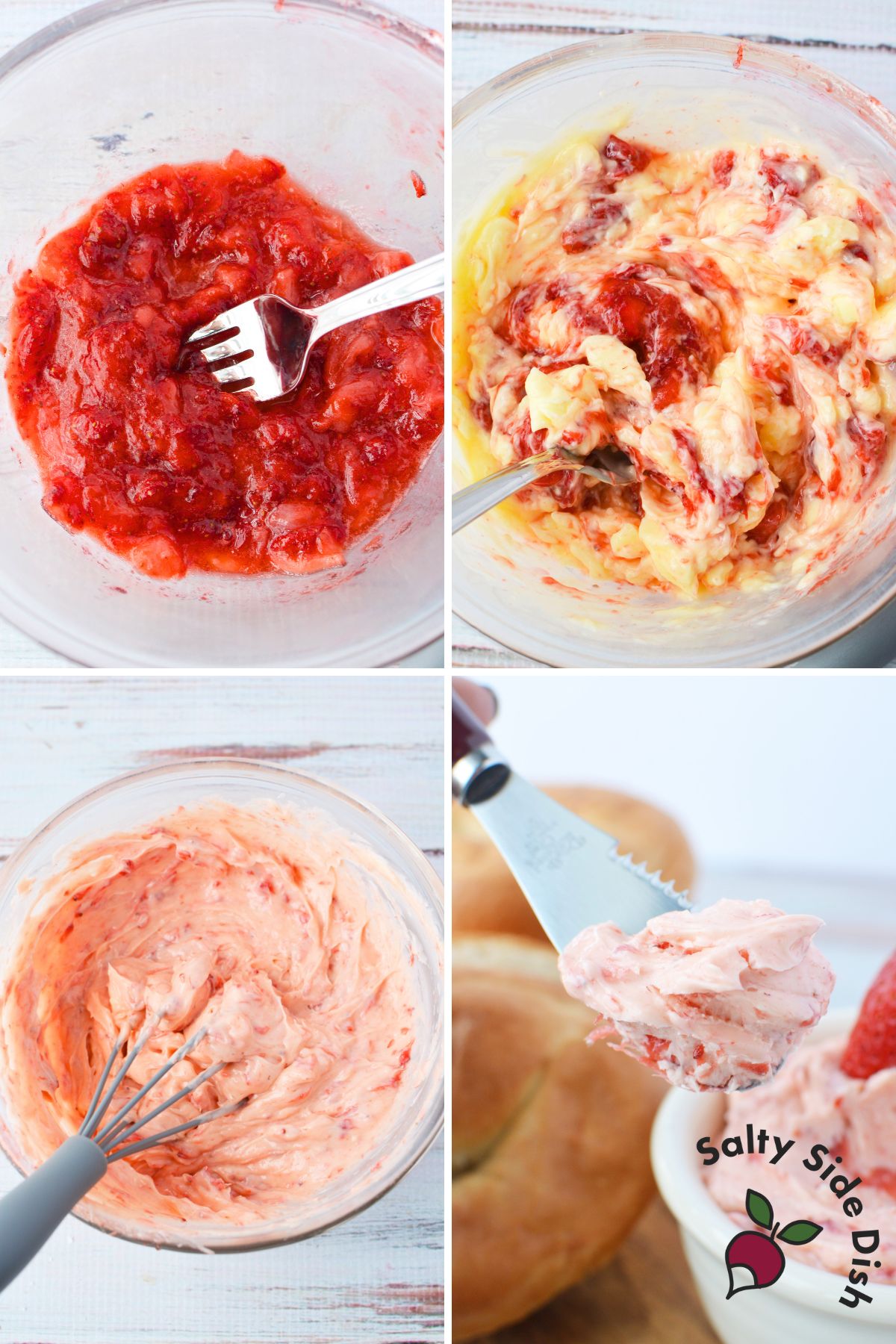 mixing together oven baked strawberries and butter.