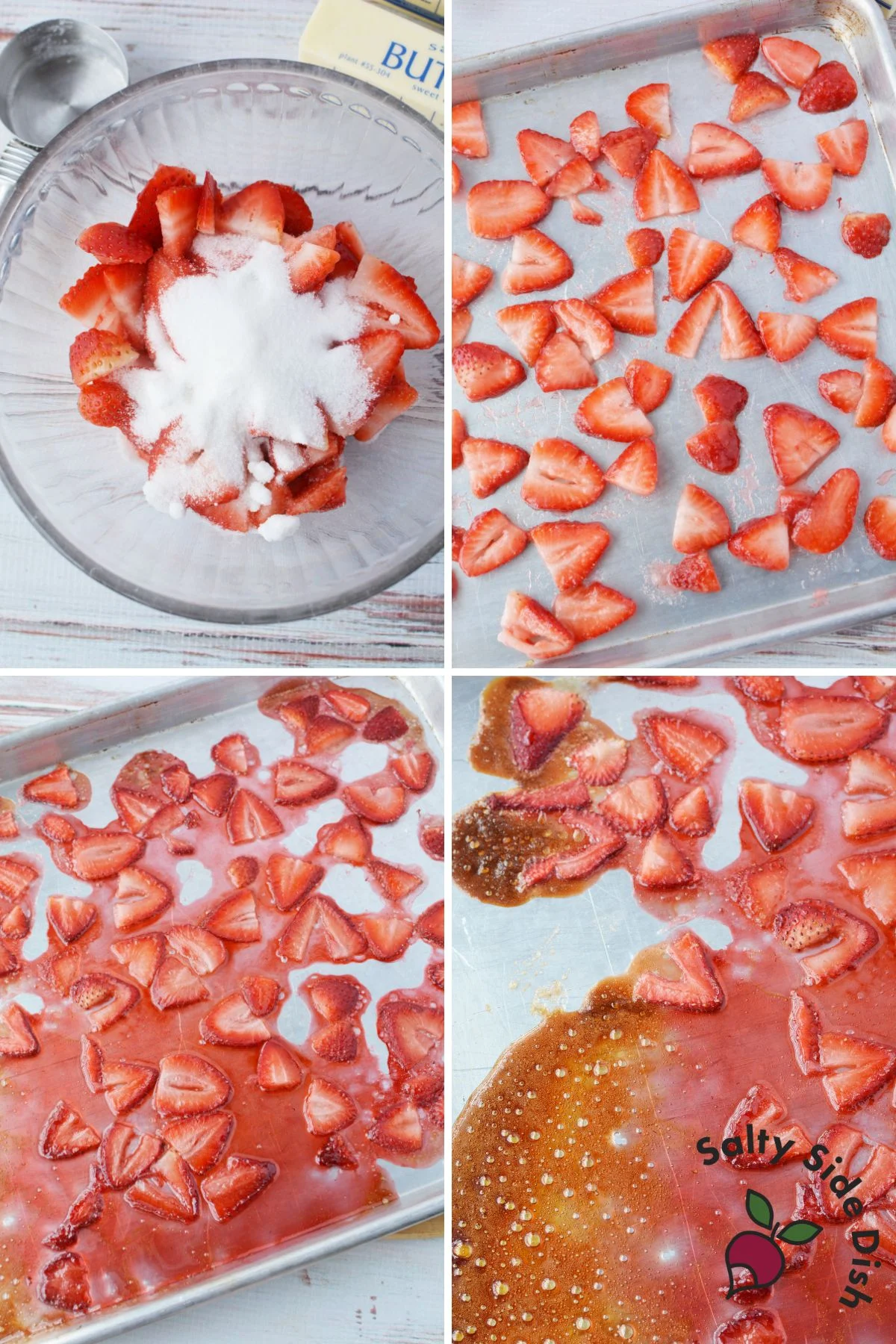 roasted strawberries in the oven on a baking sheet.