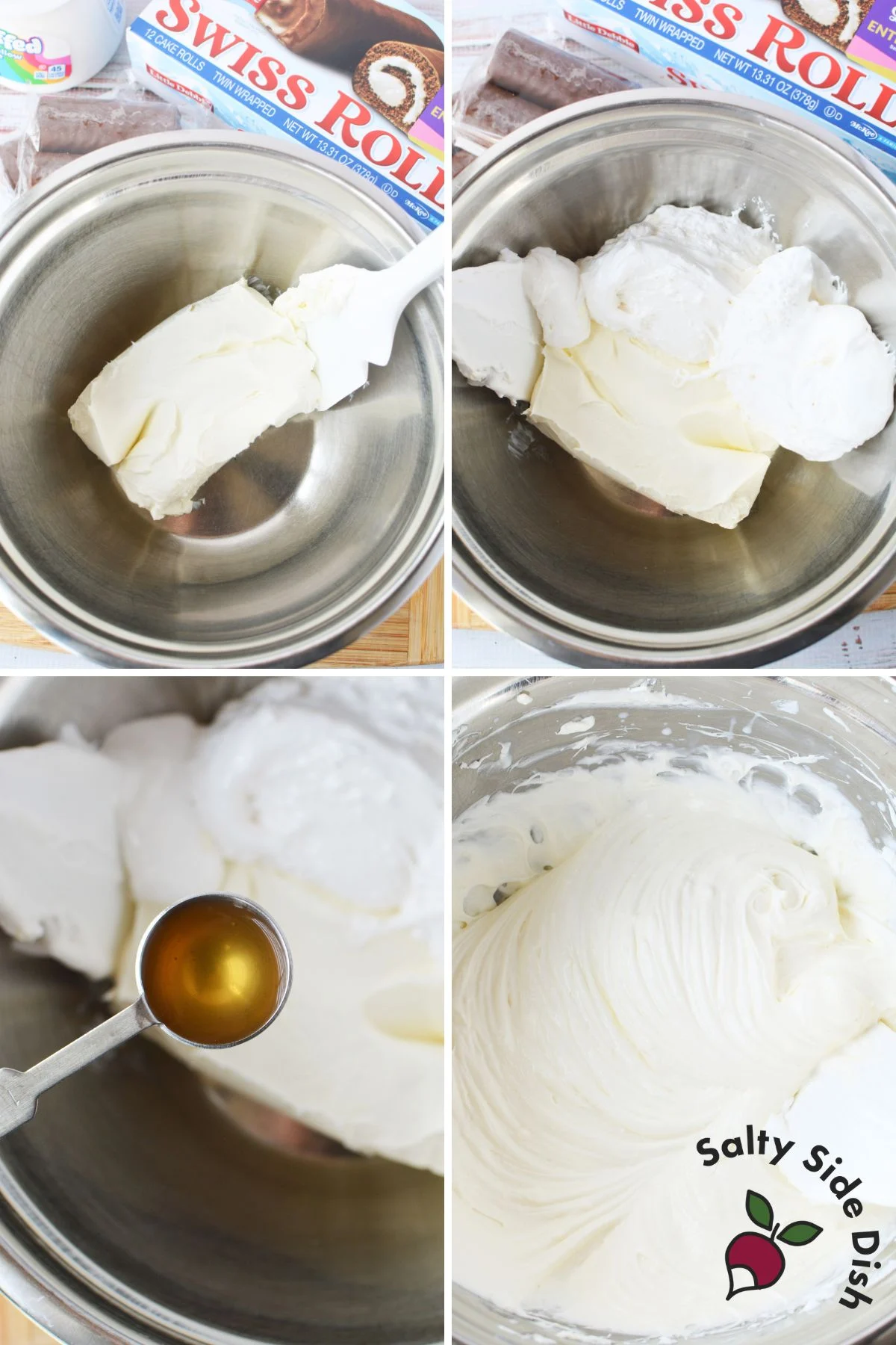 dessert dip recipe base being mixed in a bowl.
