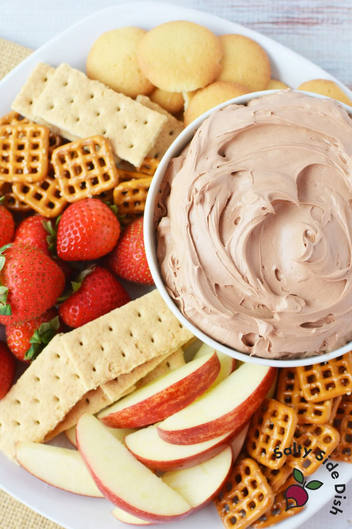 fluffy cream cheese and chocolate dip for fruit and pretzels.