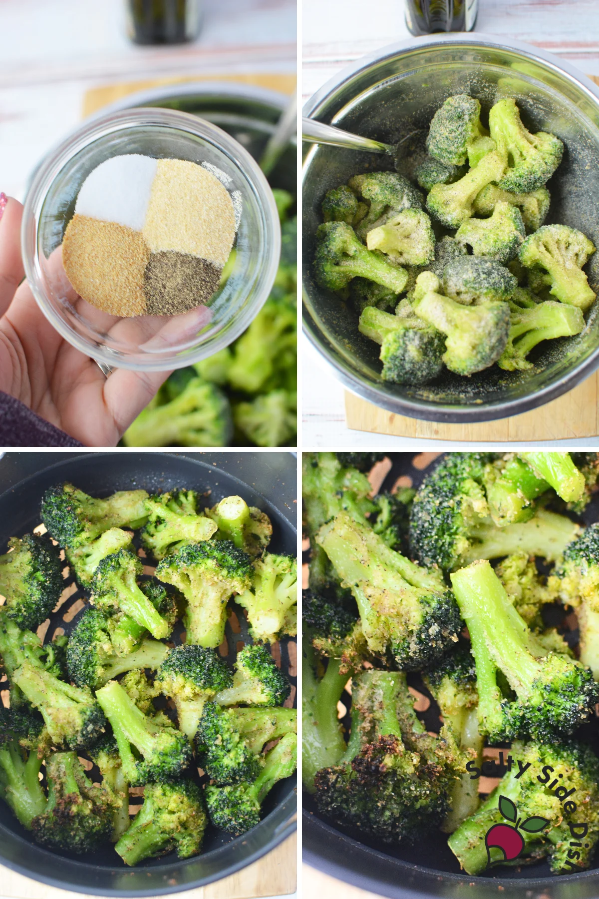 step by step seasoning prior to cooking, adding oil and placing in air fryer basket.