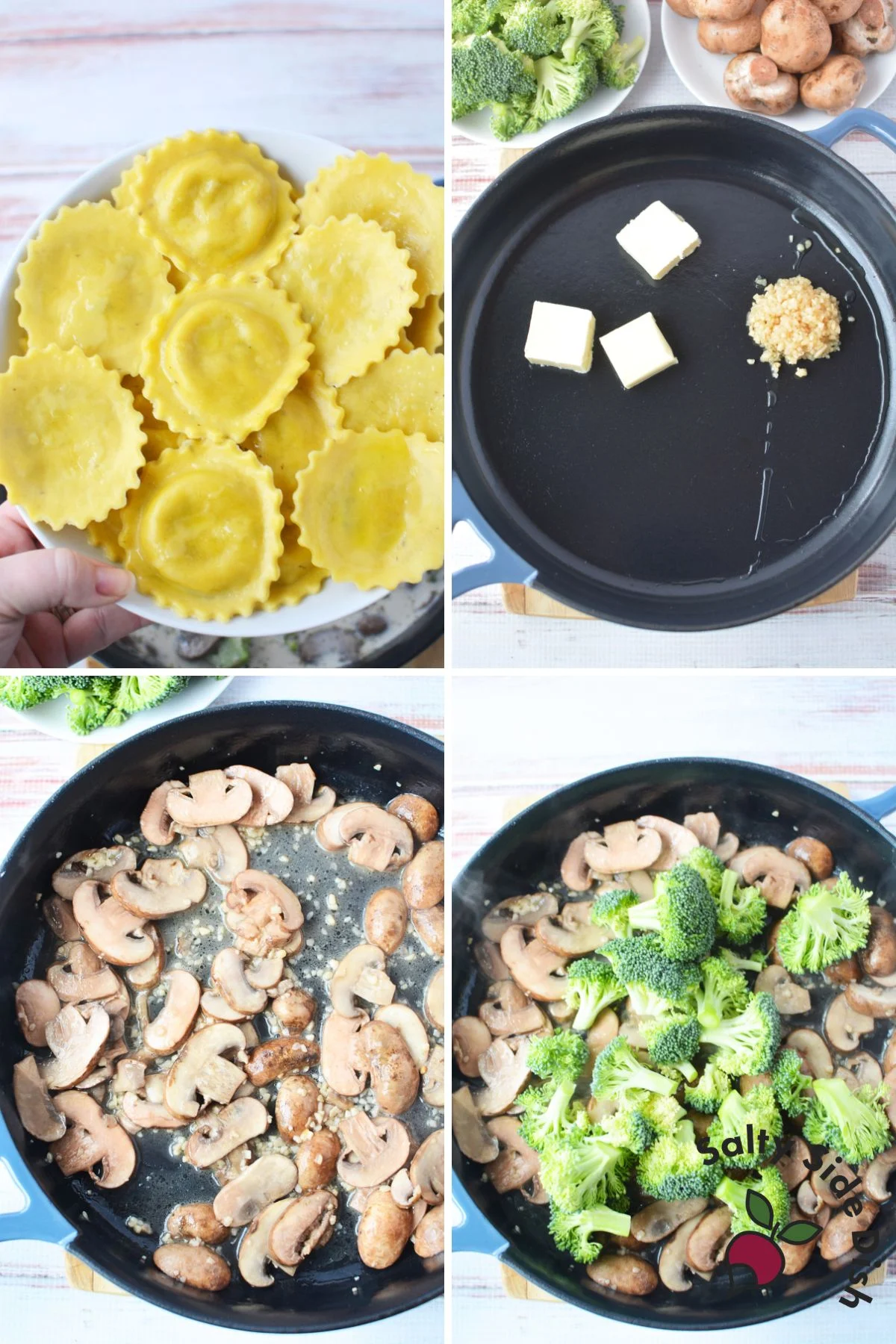 4 images showing how to make ravioli with fresh mushrooms and broccoli florets.