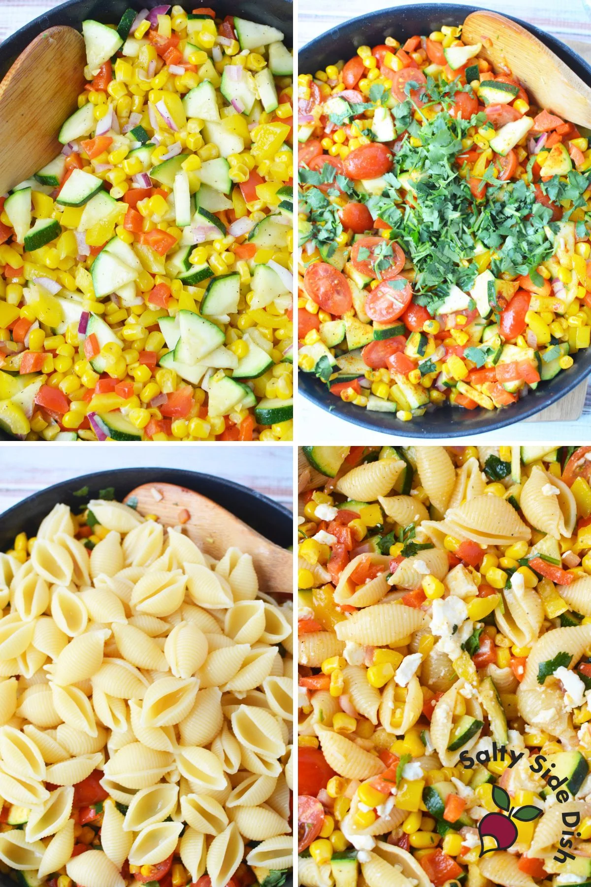 assembling corn succotash and shell pasta.