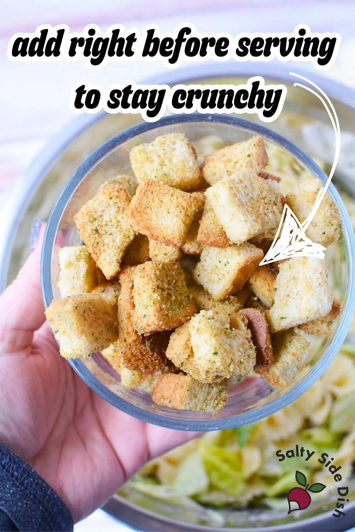 croutons in a glass bowl.