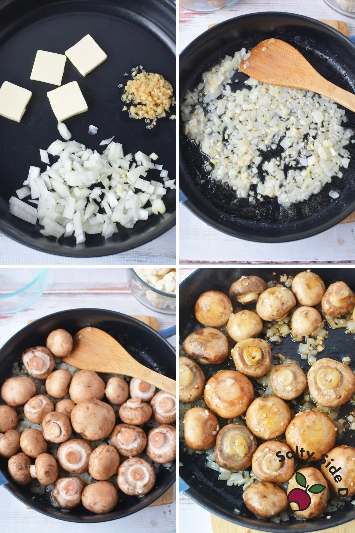 cooking butter, onions, and garlic with mushrooms in cast iron skillet.
