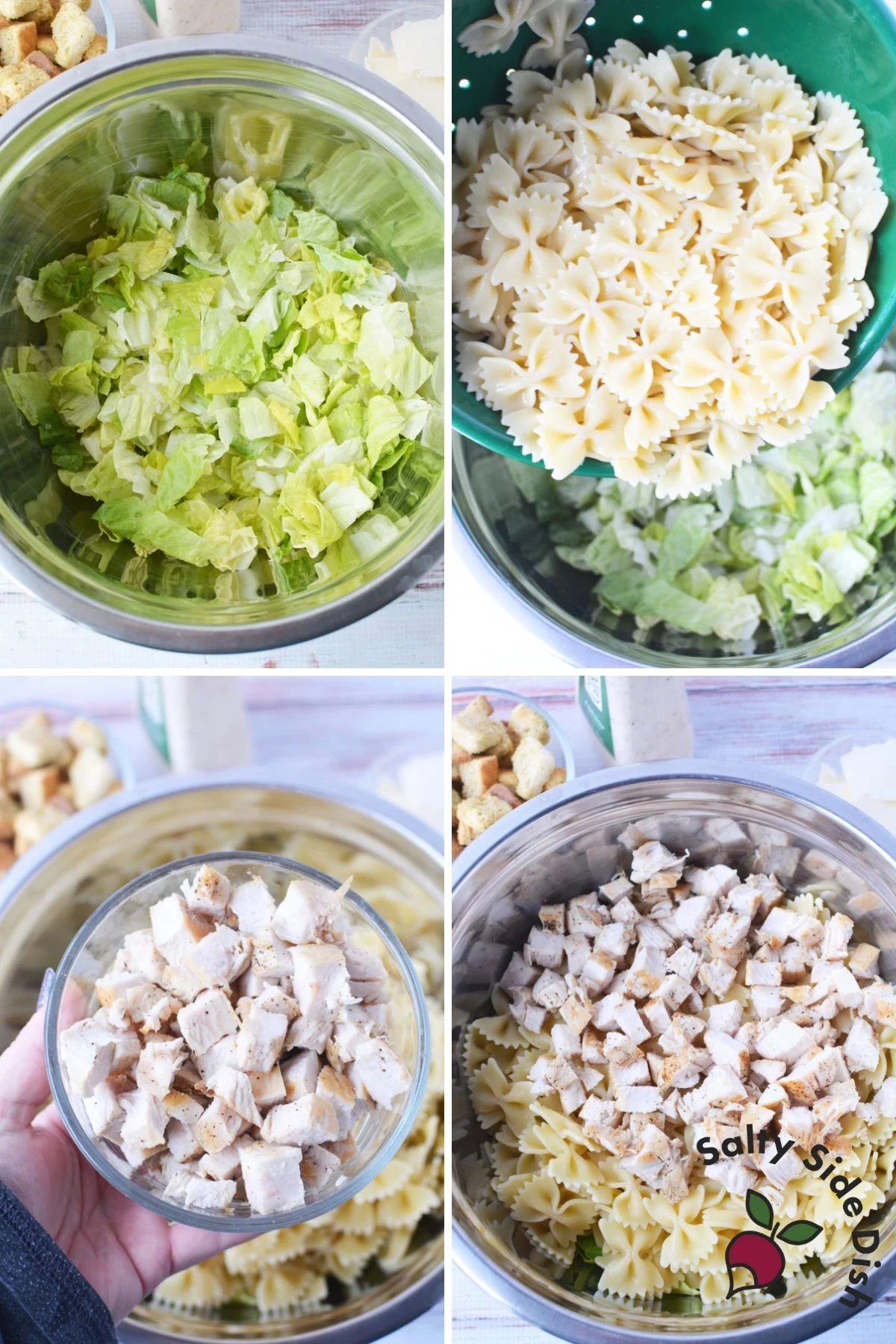 collage of pasta, chicken, and salad together.