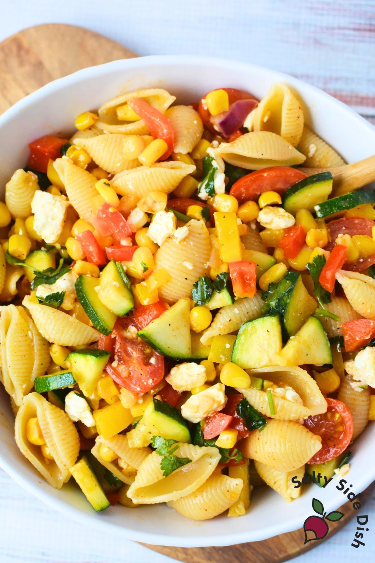 easy bowl of pasta salad with warm succotash.