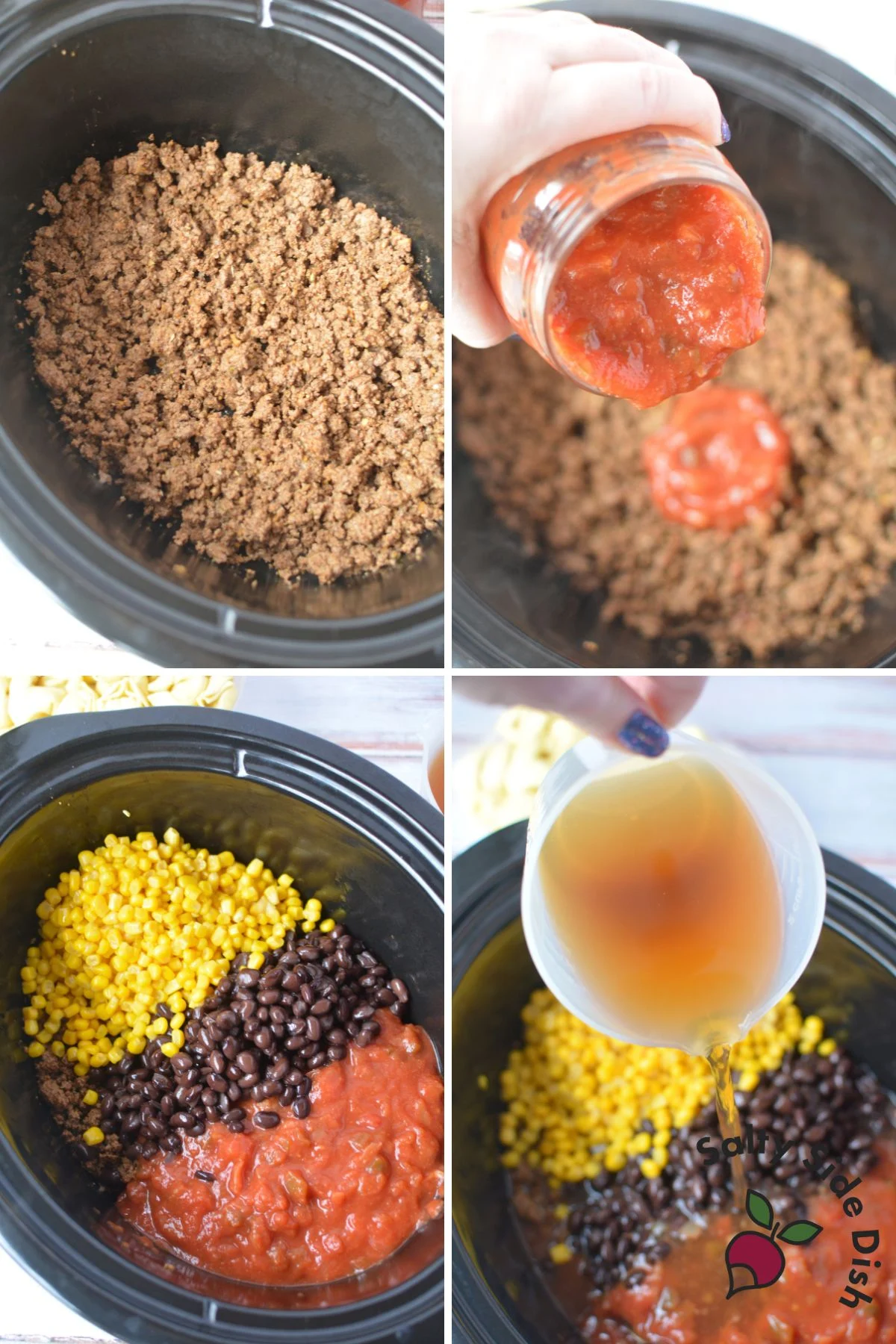 Close-up of tortellini pasta mixed with ground beef, salsa, and black beans
